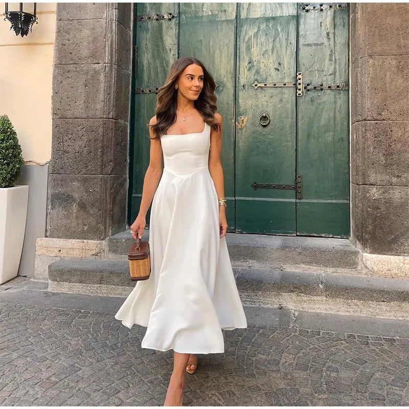Elegant Square Neck Long Chic Sleeveless Dress