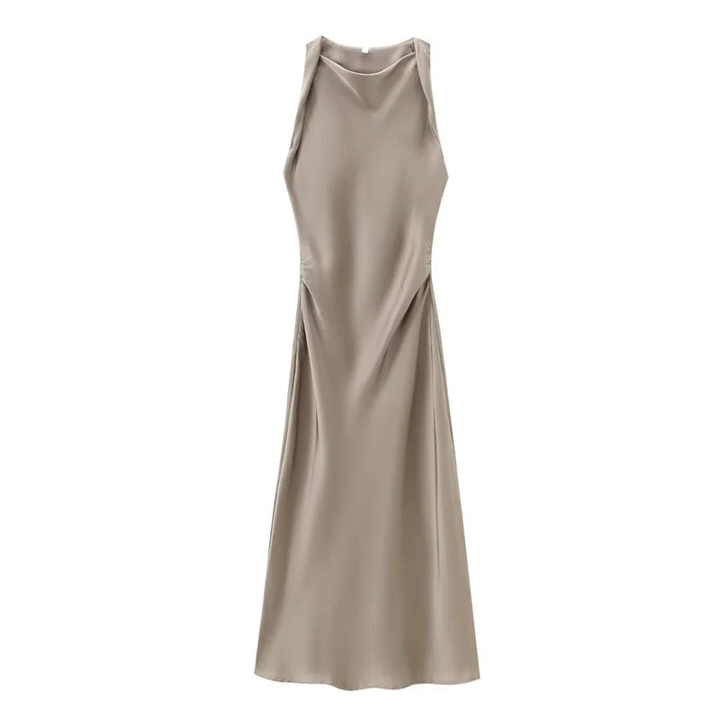 slim fit sleeveless silk satin dress
