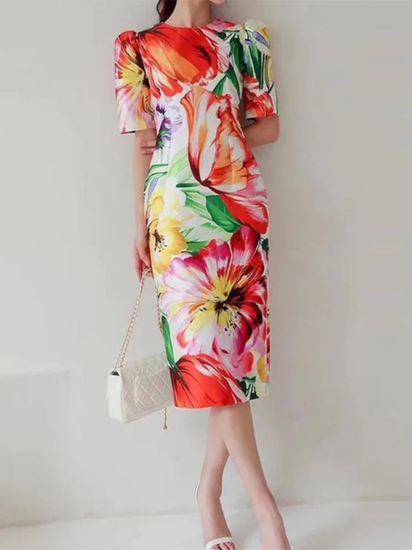 Bohemian Floral Printed Short Puff Sleeve Waisted Dress