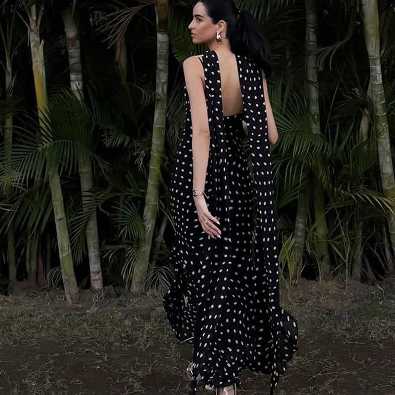 Polka Dot Long Scarf Ribbon Ruffle Halter Pleated Dress