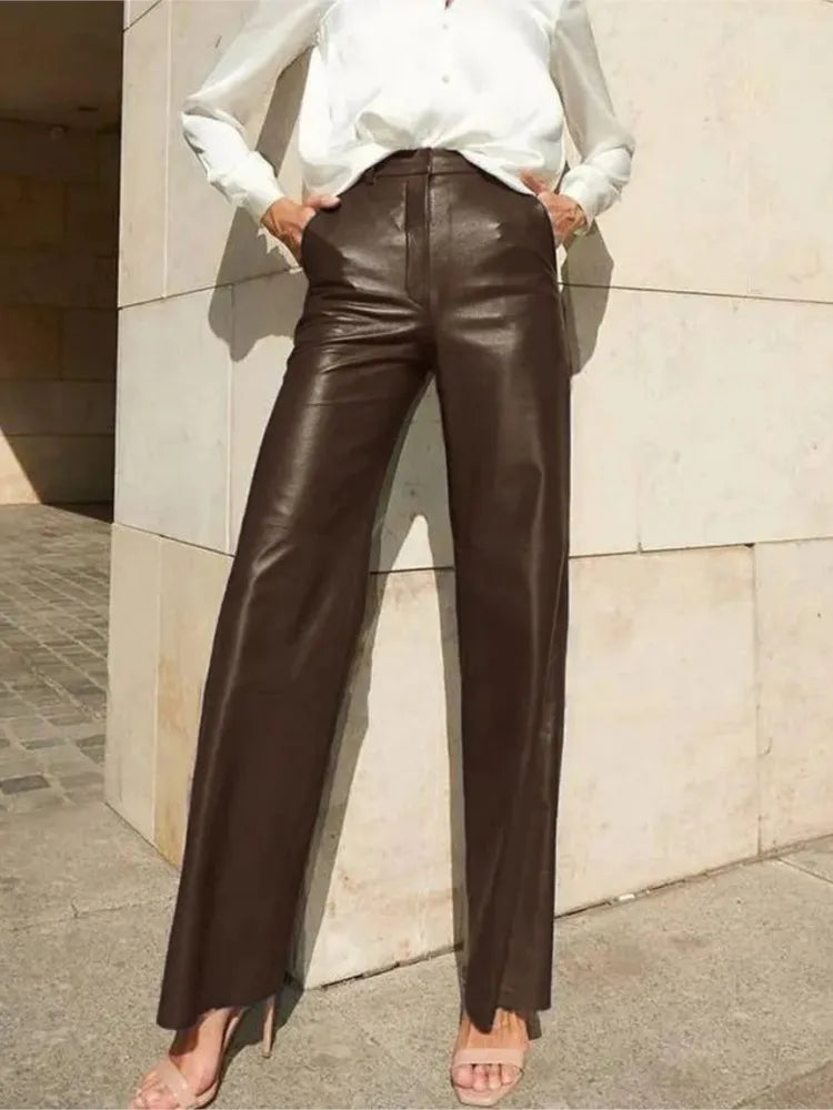 Solid Color PU Leather High Waist Straight Trousers