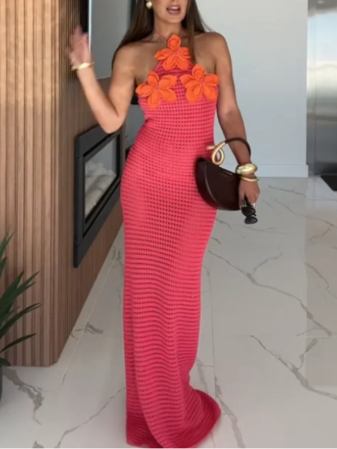 Crochet Hollow 3D Flower Backless Sleeveless Dress