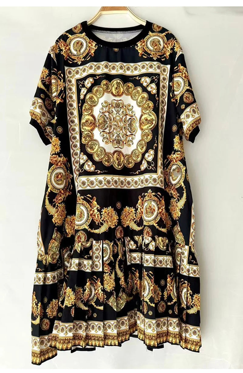 Elegant geometric printing short sleeve loose dress