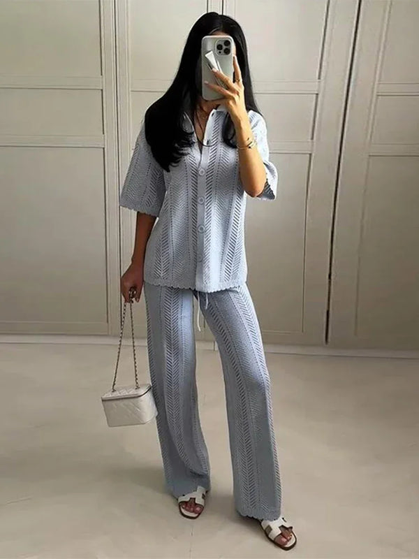 Tassels Knit Casual Single-breasted Short Sleeve Cardigan Lace Up Long Trousers