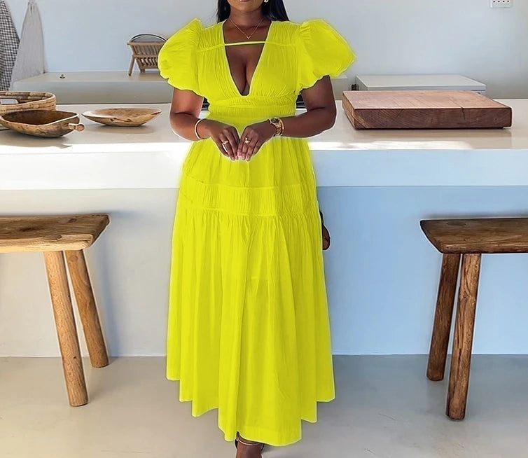 V-neck bubble sleeves pleated mid length long dress