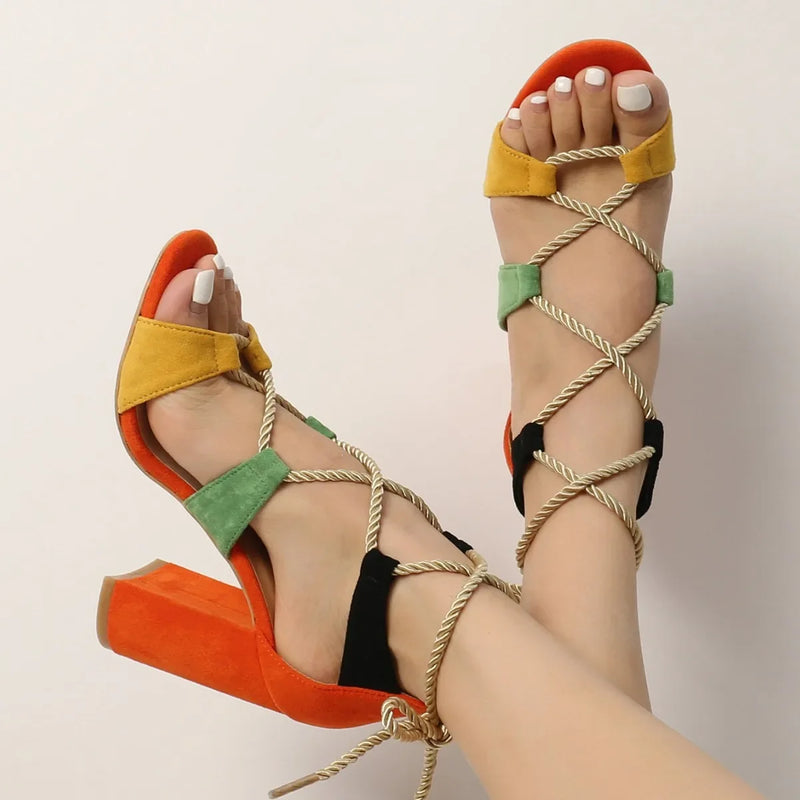 Ropes Cross Strap Peep Toe Lace-Up Sandals Chunky High Heels