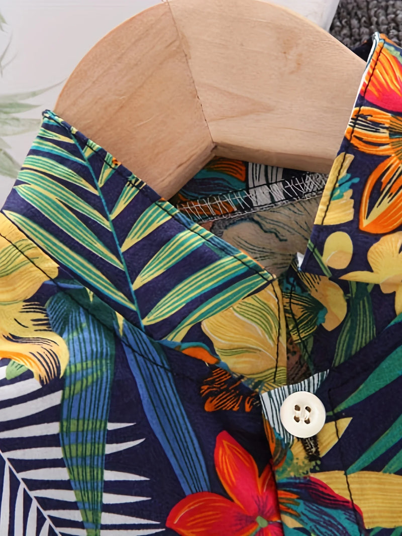 Summer Leaf Flower Standing Neck Shirt Short Sleeve