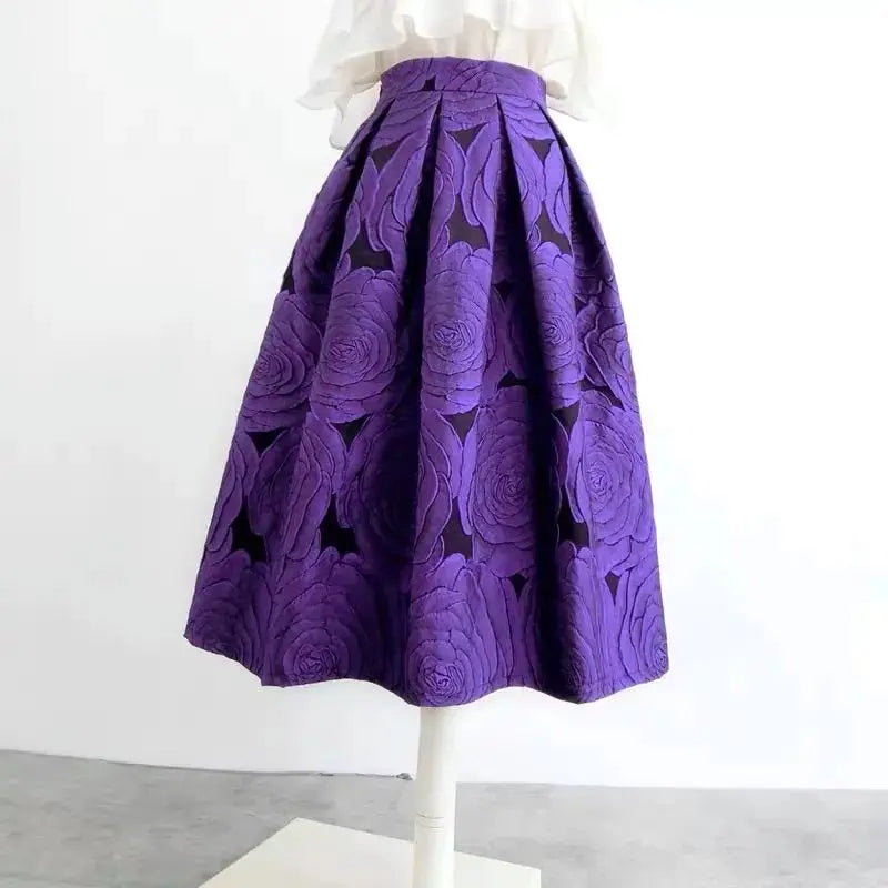 Purple Floral Elegant Chic High Waist Knee-Length Long Skirt