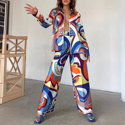 Turndown Collar Long Sleeve Buttons Shirt Top Casual Straight Pants