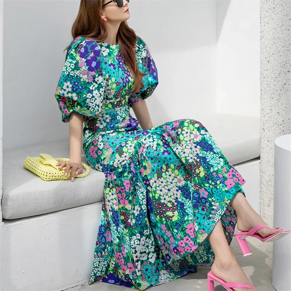 Vintage Flower Puff Sleeve High Waist Long Calf Elegant Dress