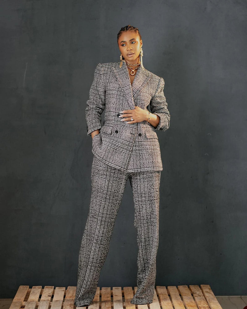 Elegant Blazer Jacket Plaid Double Breasted Office Lady