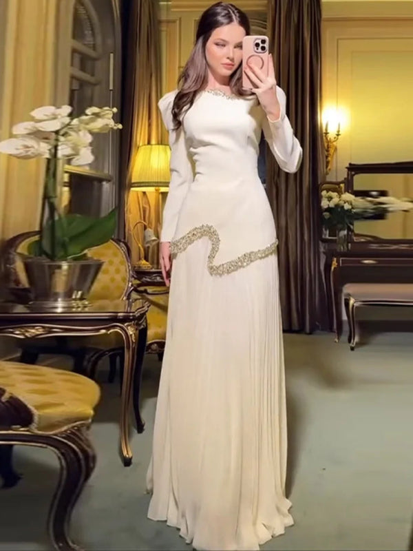 Elegant Rhinestone Long O-neck Full Sleeve Pleated Dress