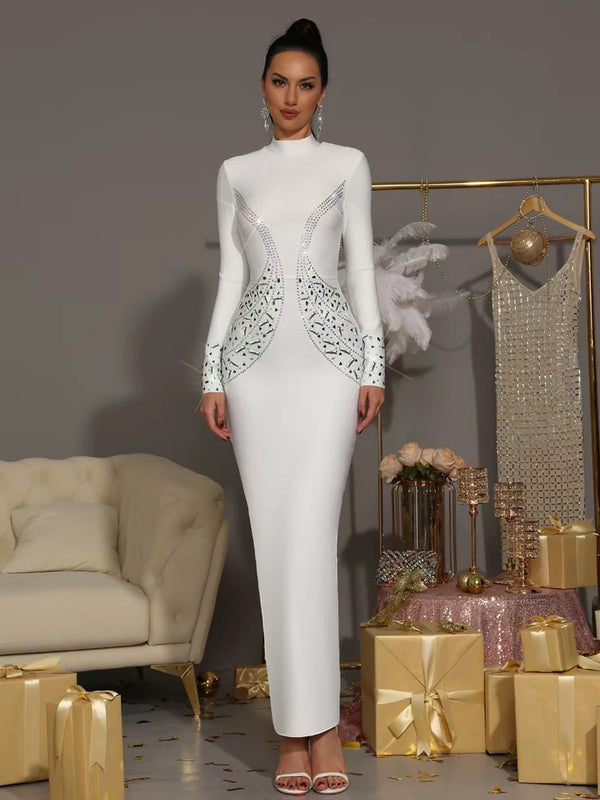 Elegant Diamond Celebrity Maxi Dress White Long Sleeved
