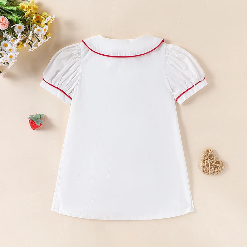 CAMINA Lovely Baby Short Sleeve Peter Pan Collar Cherry Front A-Line Casual Dress