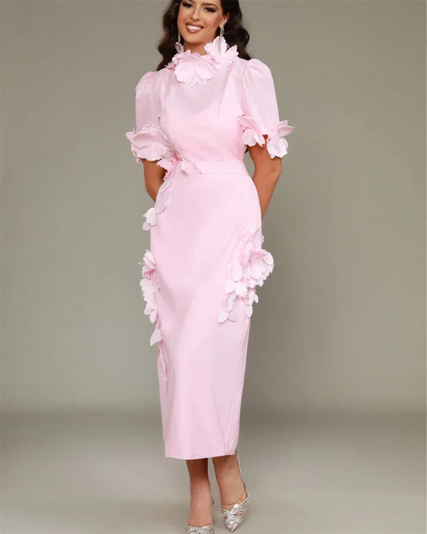 Elegant High Collar Straight Flowers Dress