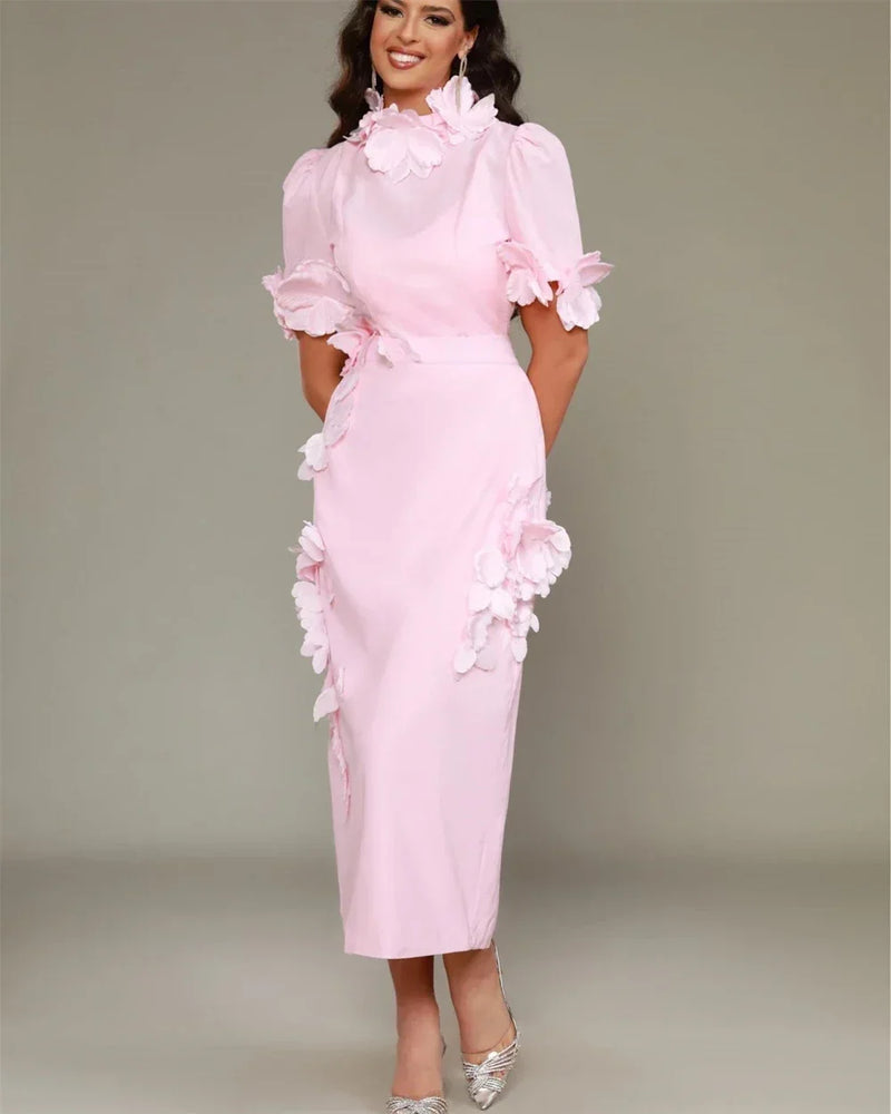 Elegant High Collar Straight Flowers Dress