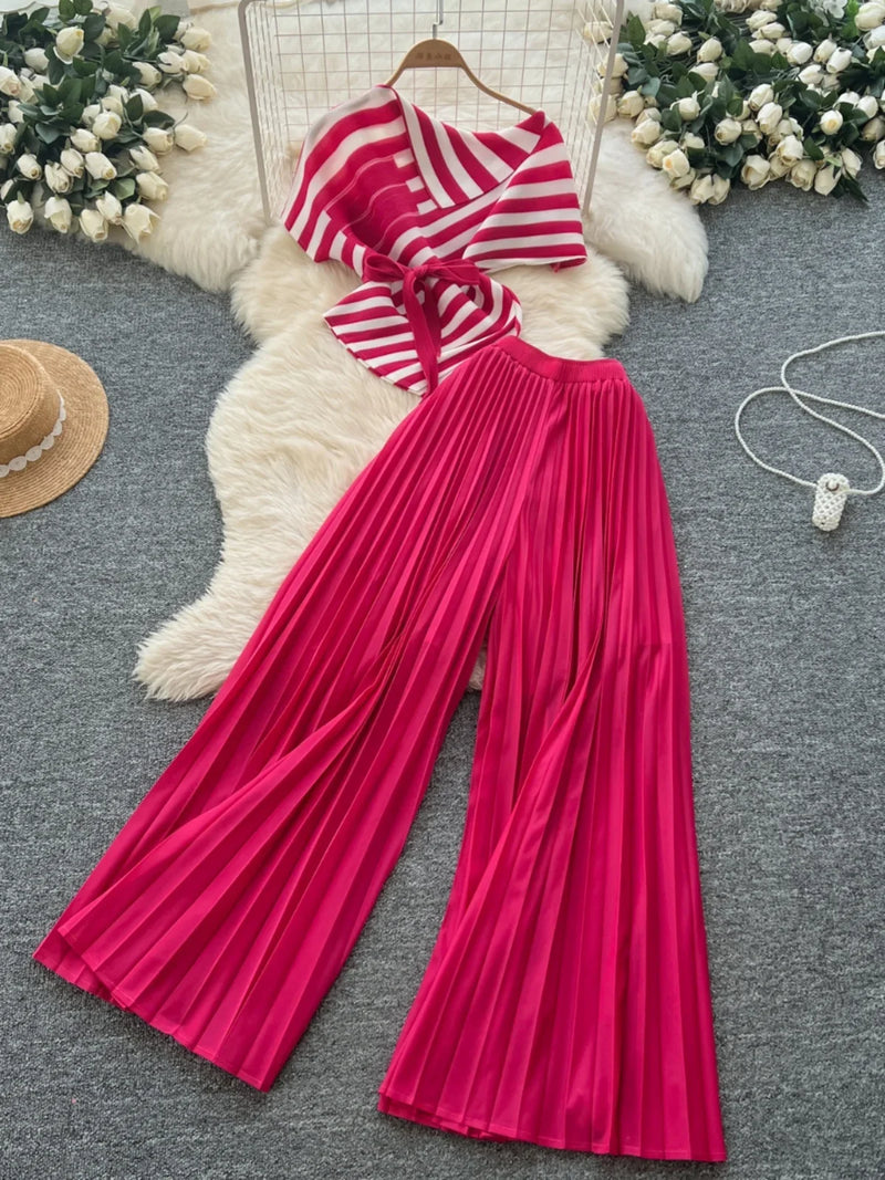 Chic Striped Skew Collar Short Sleeve Tops + High Waist Pleated Wide Leg Pants