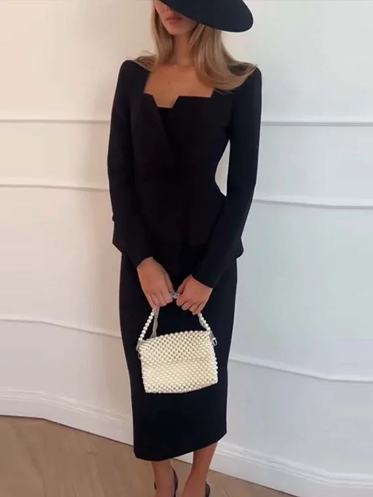 Elegant Blazer Breasted Square Collar Jacket And Midi Skirt