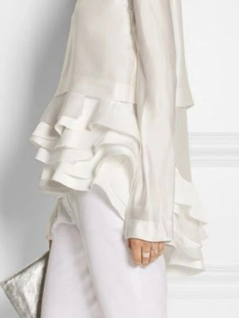 Elegant Solid Flare Sleeve Ruffle Layered