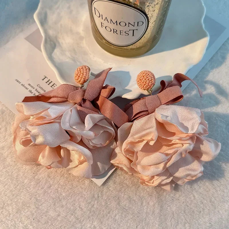 Charm Crystal Cubic Zircon Fabric Flower Big Earrings