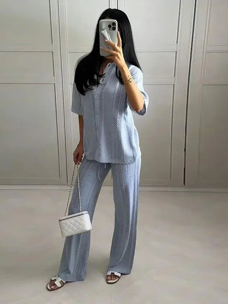 Tassels Knit Casual Single-breasted Short Sleeve Cardigan Lace Up Long Trousers
