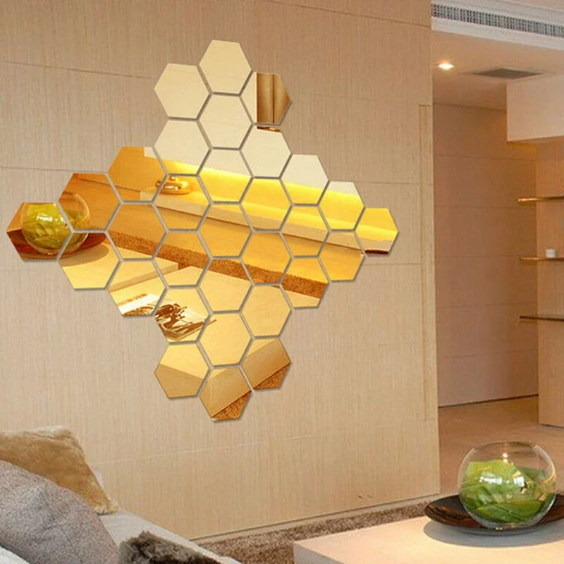 24pcs Hexagon Mirror Gold Self Adhesive Mosaic Tiles Wall Sticker