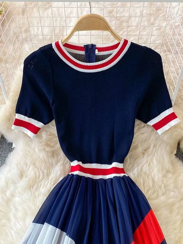 Summer Sweater Knitted Chiffon Striped Pleated Dress