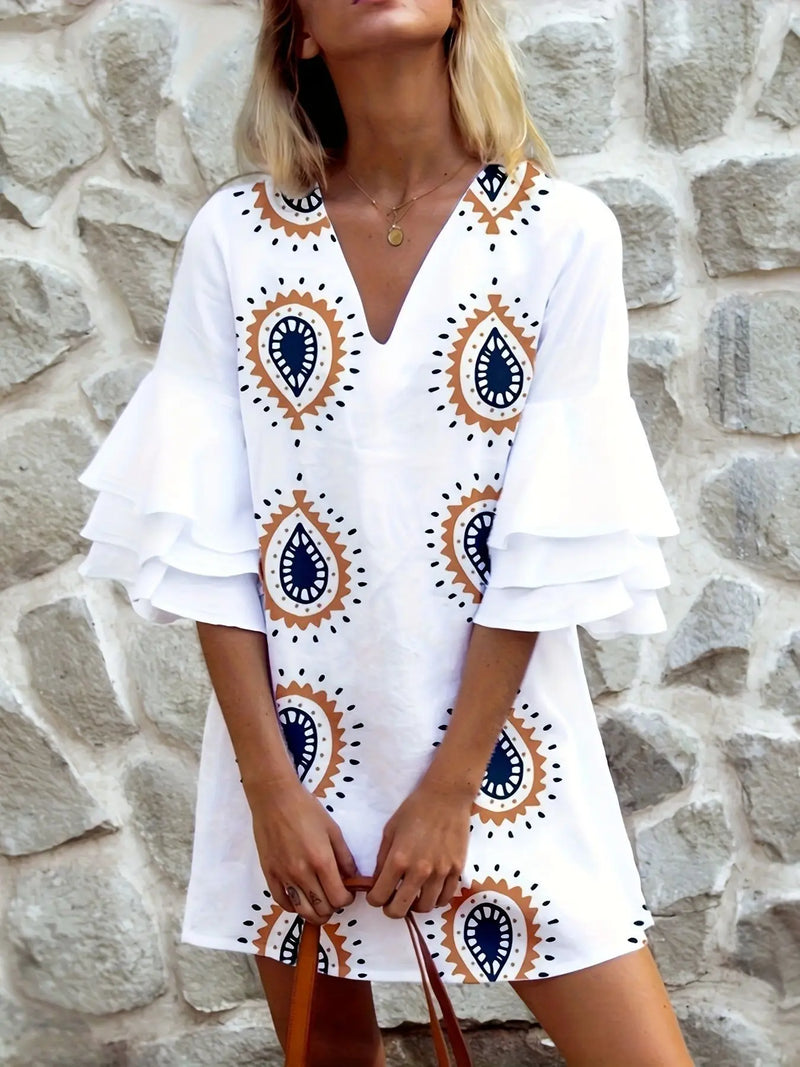 V-neck Casual Striped Printed Lotus Leaf Sleeve Loose Dress