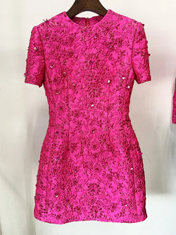 Beaded Floral Jacquard Trimmed Dress