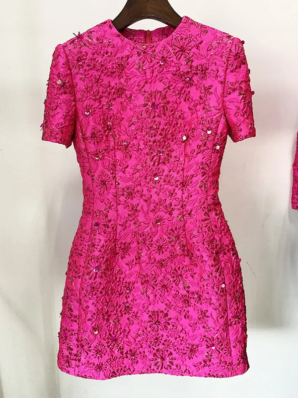 Beaded Floral Jacquard Trimmed Dress