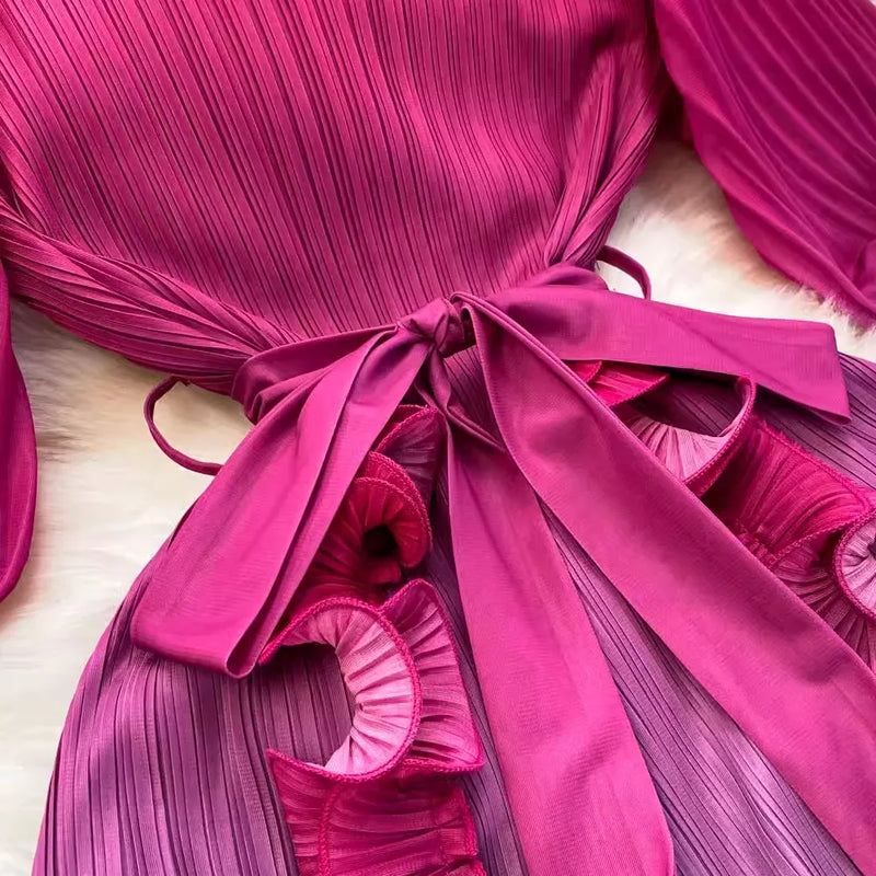 Ruffles Splice Gradient Color Pleated Dresses