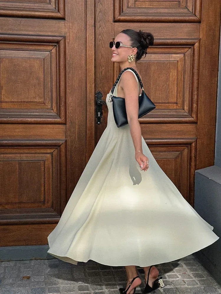 Elegant Solid Square Neck Sleeveless Slim High Waist Dress