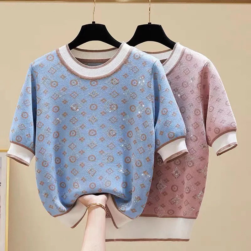 Summer Short Sleeve Knit Glitter Stones T-Shirt