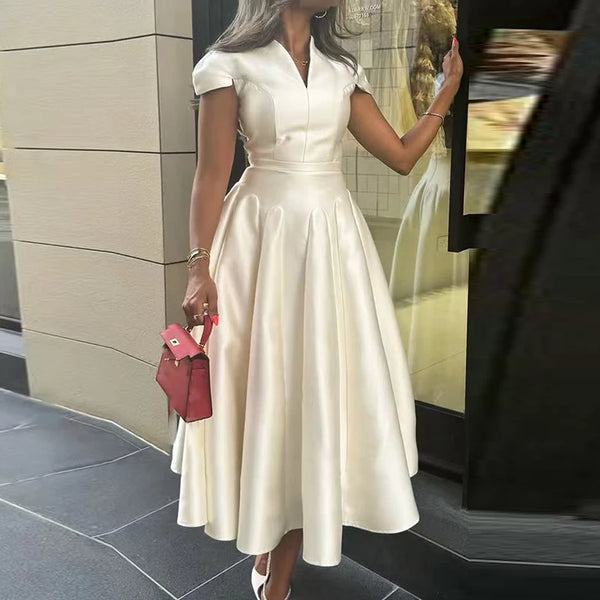 Elegant High Waist Short Sleeve Satin Long Dress