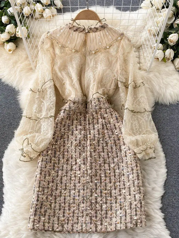 Woolen Tweed Plaid Ruffle French Pearls Dress