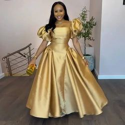 Elegant Bubble Sleeve Square Collar High Waist A- Line Long Dress