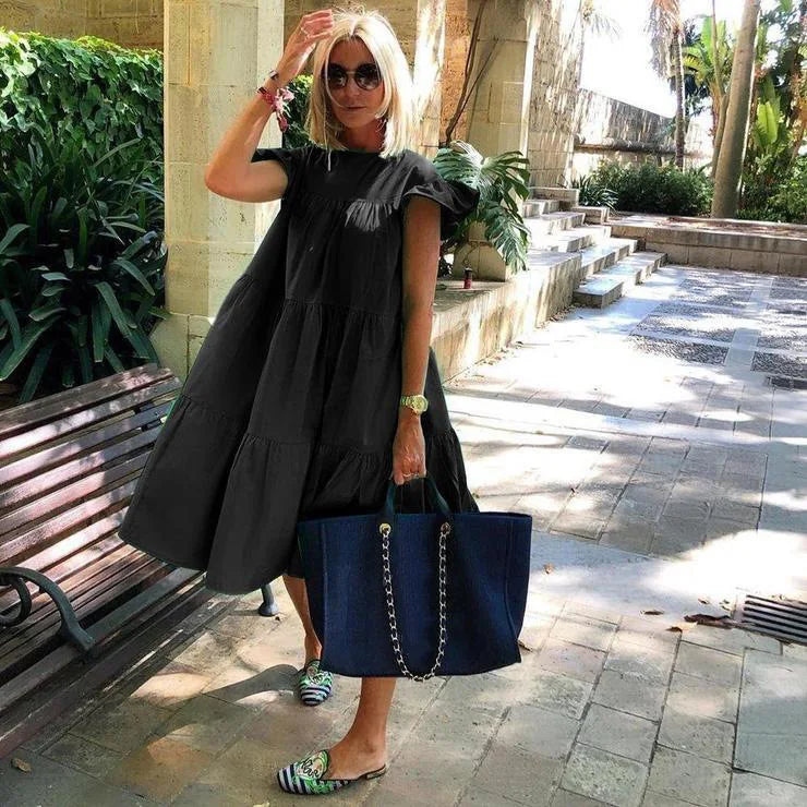 Casual Loose Ruffles O-neck Pure Short Sleeve Dress