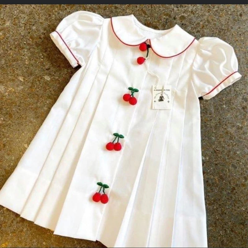 CAMINA Lovely Baby Short Sleeve Peter Pan Collar Cherry Front A-Line Casual Dress