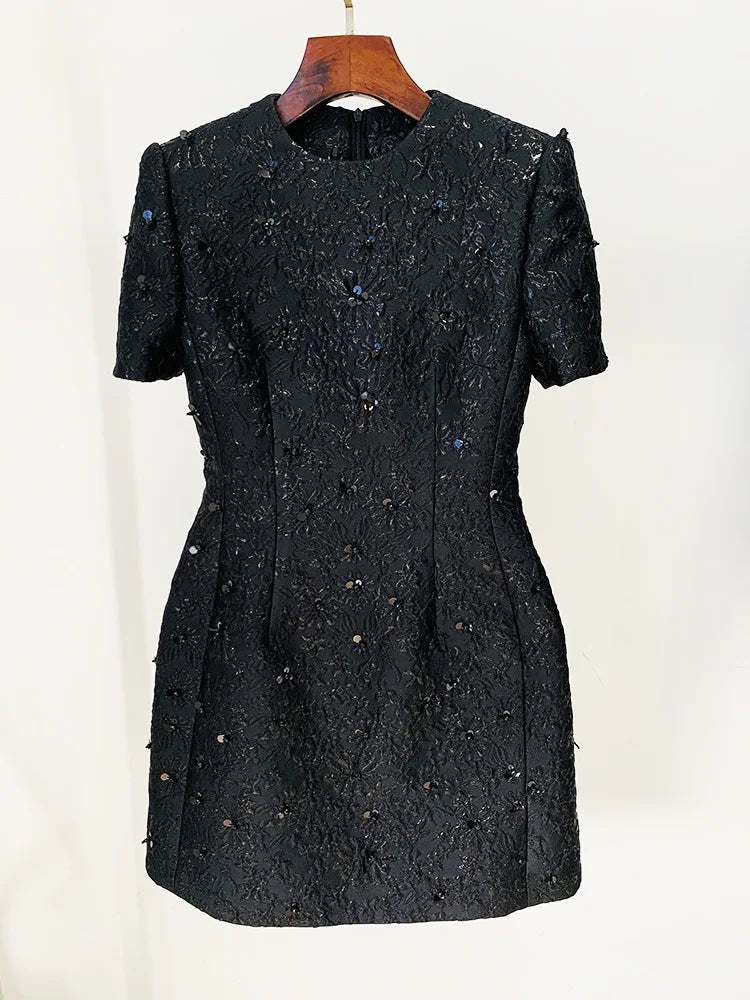 Beaded Floral Jacquard Trimmed Dress