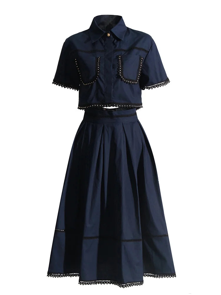 Elegant Lapel Short Sleeve Top High Waist A Line Pleated Skirt