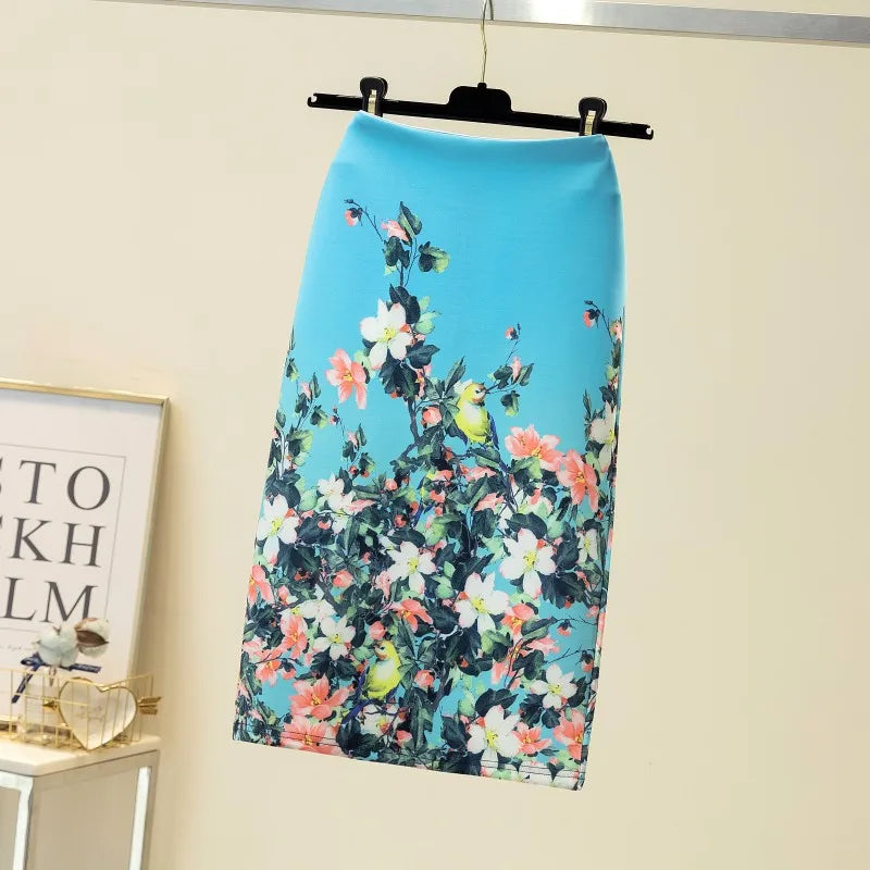 Vintage Flower Print Bodycon Pencil Skirt