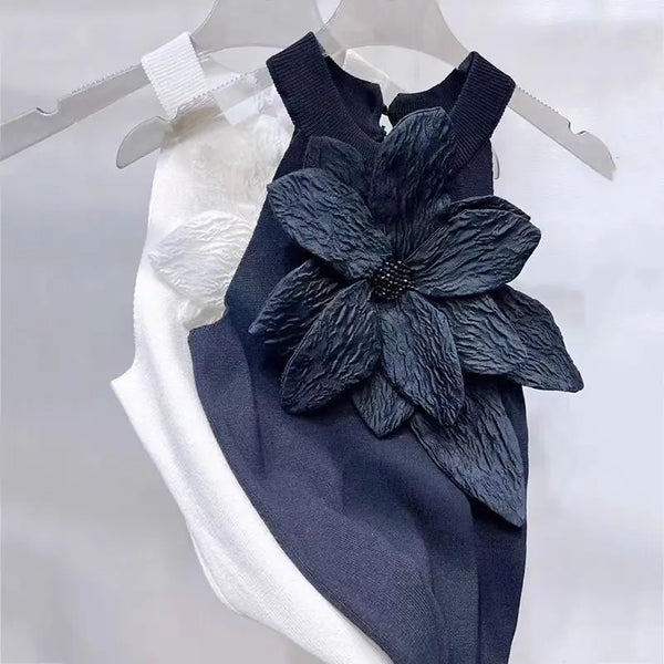 Sleeveless Knitted Vest Round Neck Black White Tank Tops