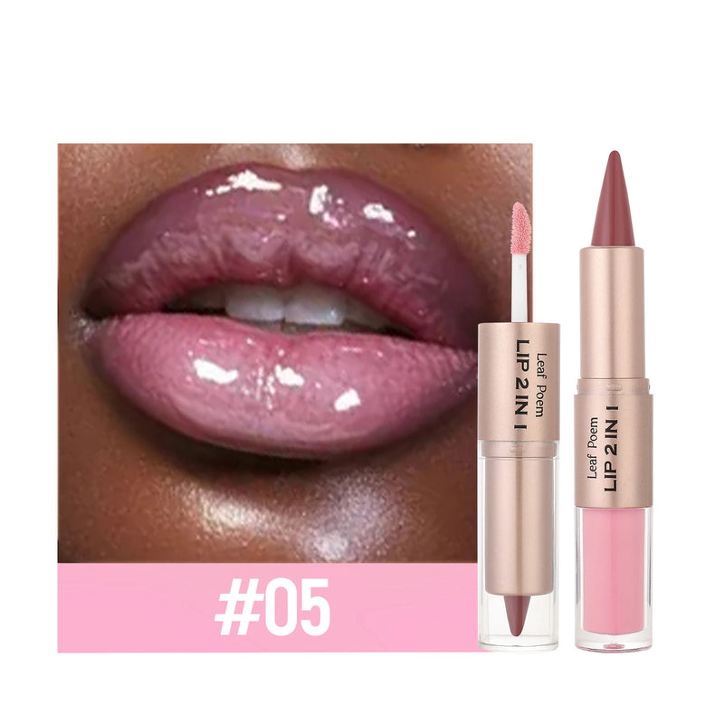 2 IN 1 Nude Brown Pink Mirror Lip Gloss Contour Pencil Matte Lipliner