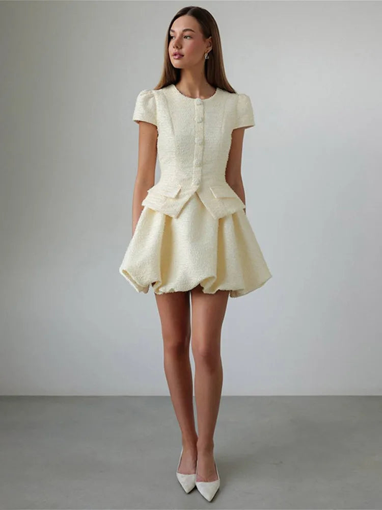 Puffy Sleeve Shirt Bubble Skirt Set Lady Retro Chic