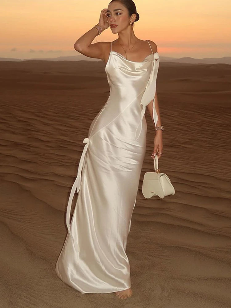 Elegant Satin Strap Backless Long Dress