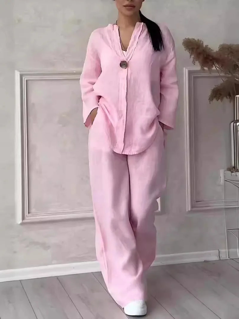 Cotton Linen Long Sleeve Button Loose Blouse Shirt & High Elastic Wide Leg Loose Pant