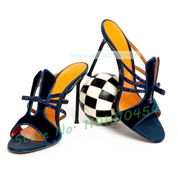 Elegant Rhinestone Slippers Stylish Blue Suede Open Toe