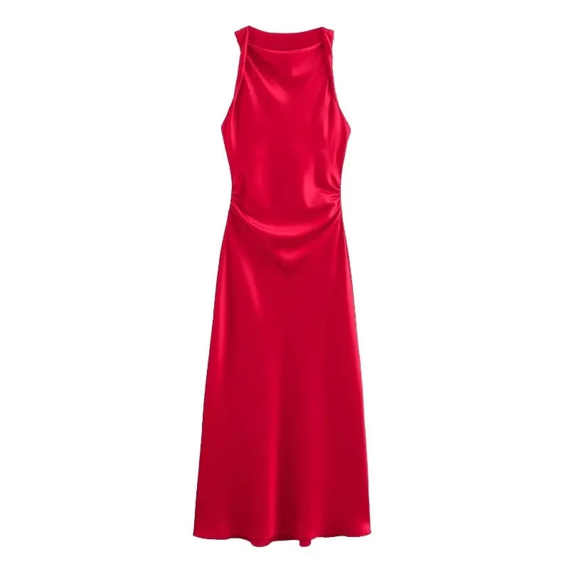 Sleeveless Temperament Silk Midi Long Dress