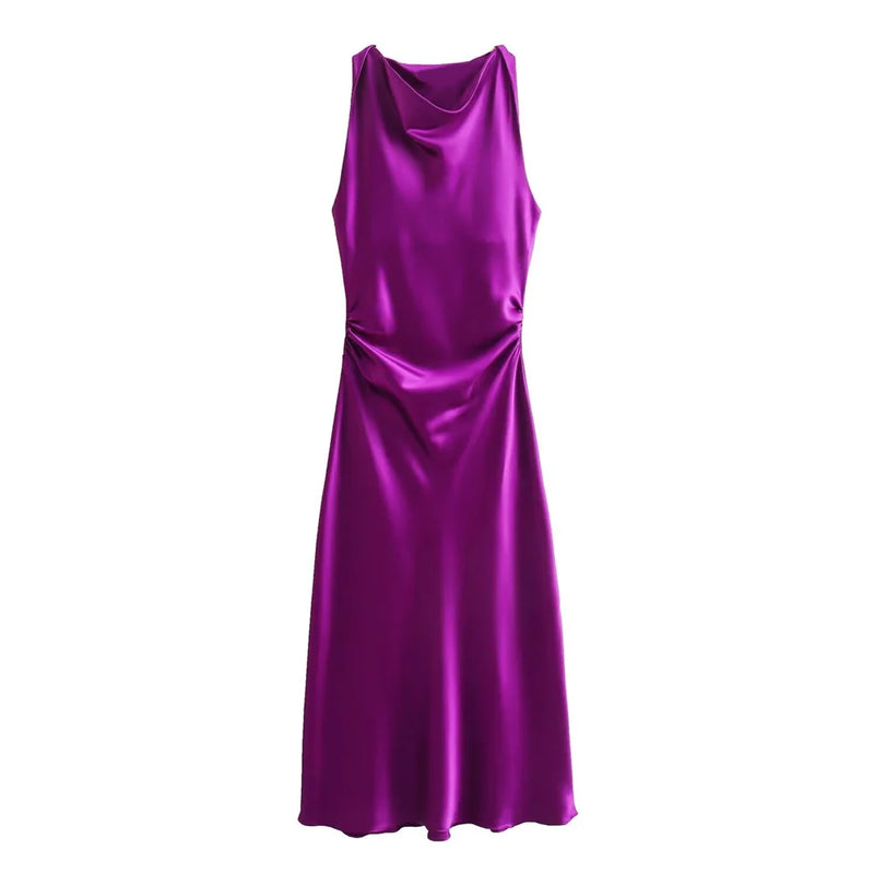 slim fit sleeveless silk satin dress