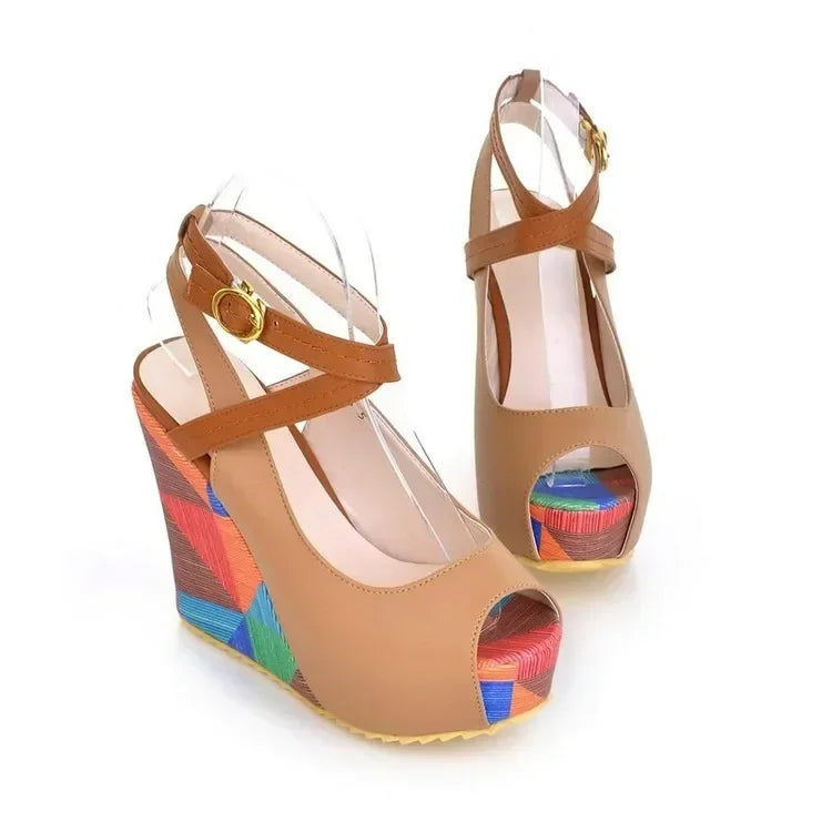 Ladies Wedges Heels Sandals Buckle Strap Peep-toe Shoes